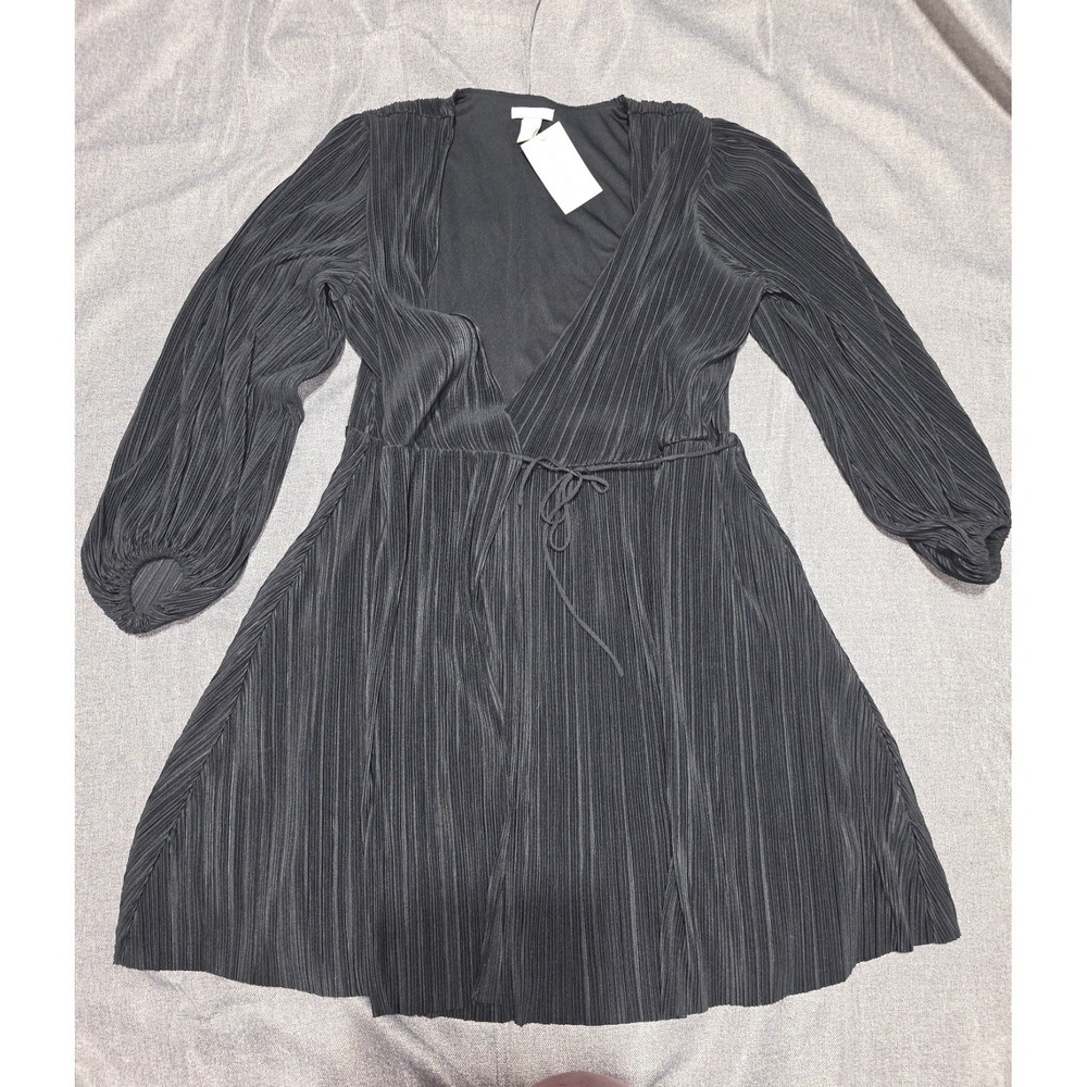 Size XL- H&M Black Plissé Wrap Mini Dress -Long Balloon Sleeve Micro-pleated LBD